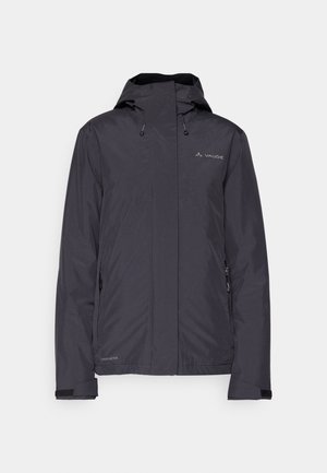 Ūdensizturīga melna jaka ar kapuci, regulējamiem saīcējiem un sānu rāvējslēdzējiem. Izgatavota no viegla, gluda auduma.