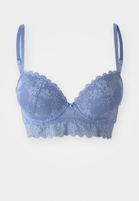 Lichtblauwe kanten bh met gepolsterde cups, scalloped randen en verstelbare banden met een klein accentdetail aan de voorkant.