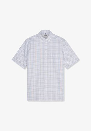 Kurzärmliges Hemd mit Knöpfen, hellblauem, rosa und beigem Karomuster, klassischem Kragen und Brusttasche vorne.