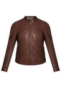 Hnědá kožená bunda se zipem vpředu, kulatým límcem a dvěma bočními kapsami na zip. Má přiléhavý design a jemnou texturu.