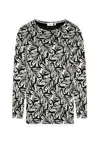 Langärmeliges Oberteil aus schwarzem und weißem Stoff mit abstraktem Blumenmuster. Rundhalsausschnitt und weiche Textur.
