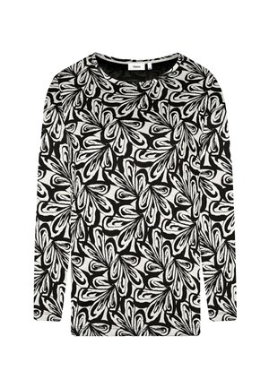 Langärmeliges Oberteil aus schwarzem und weißem Stoff mit abstraktem Blumenmuster. Rundhalsausschnitt und weiche Textur.