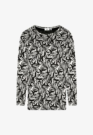 Langärmeliges Oberteil aus schwarzem und weißem Stoff mit abstraktem Blumenmuster. Rundhalsausschnitt und weiche Textur.