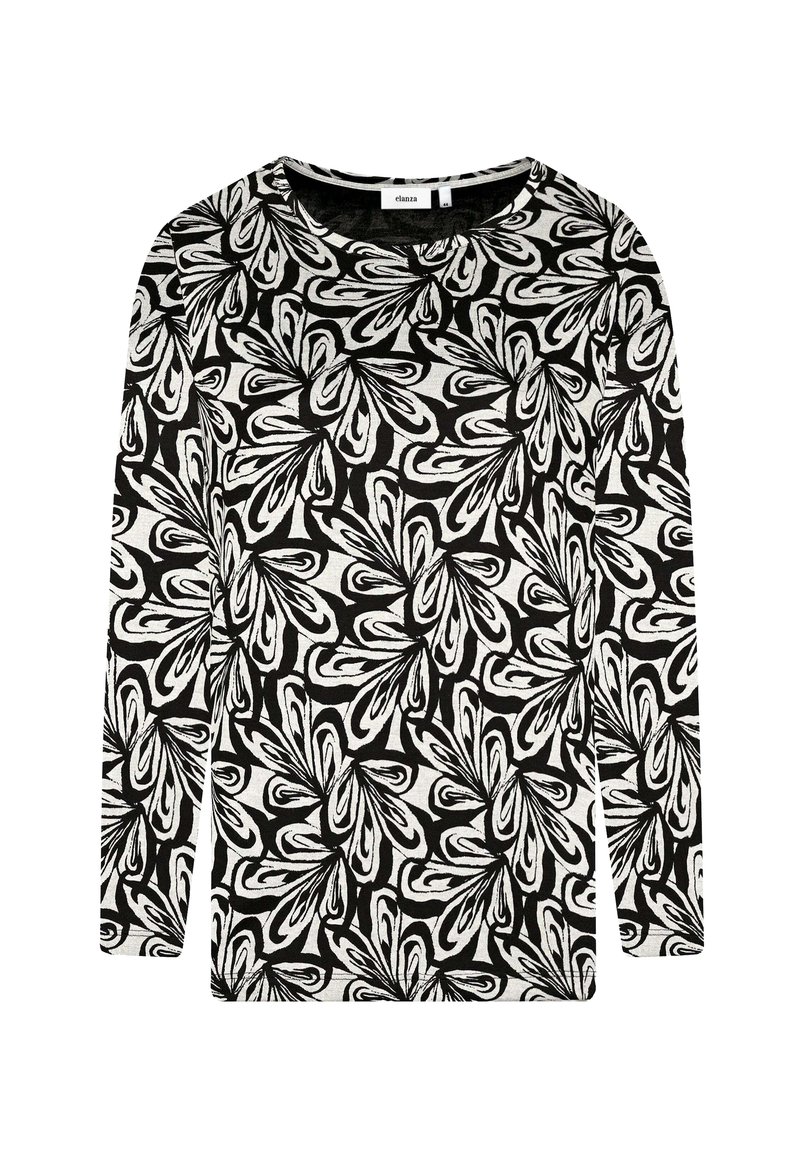 Langärmeliges Oberteil aus schwarzem und weißem Stoff mit abstraktem Blumenmuster. Rundhalsausschnitt und weiche Textur.