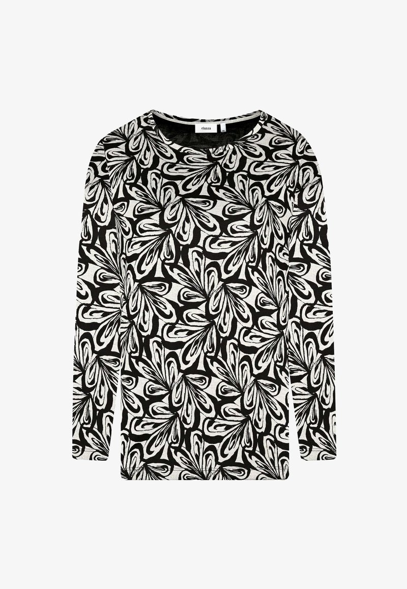 Langärmeliges Oberteil aus schwarzem und weißem Stoff mit abstraktem Blumenmuster. Rundhalsausschnitt und weiche Textur.