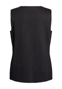 Mouwloos zwart gebreid vest met een rechte zoom en een eenvoudig ontwerp aan de achterkant, weergegeven tegen een witte achtergrond.