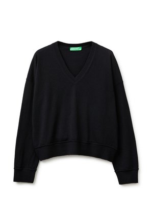 Maglione nero a maniche lunghe con scollo a V, corta, con polsini e orlo a coste, disteso su uno sfondo bianco.