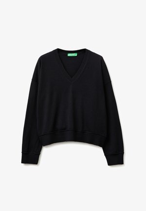Maglione nero a maniche lunghe con scollo a V, corta, con polsini e orlo a coste, disteso su uno sfondo bianco.