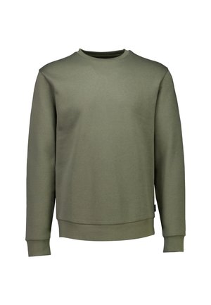 Olijfgroene sweatshirt, gemaakt van zachte stof, met een ronde hals, lange mouwen en geribde manchetten en zoom. Eenvoudig, effen ontwerp.