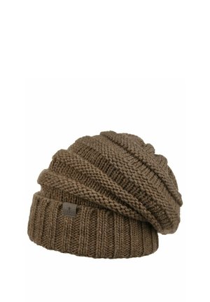 Brown ribbed knit beret with a folded brim and a small rectangular fabric tag on the side.
