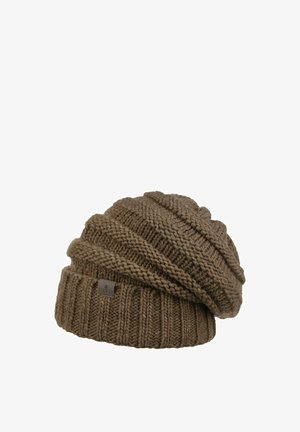 Brown ribbed knit beret with a folded brim and a small rectangular fabric tag on the side.