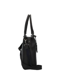 Bolso de mano de cuero negro con dos asas superiores, correa ajustable, cierre con cremallera y bolsillos laterales. Textura suave, diseño minimalista, hardware resistente.