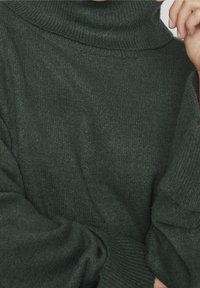 Maglione a collo alto di un verde scuro con una texture a coste e maniche larghe e oversize. Il tessuto sembra morbido e accogliente, adatto per il clima più fresco.