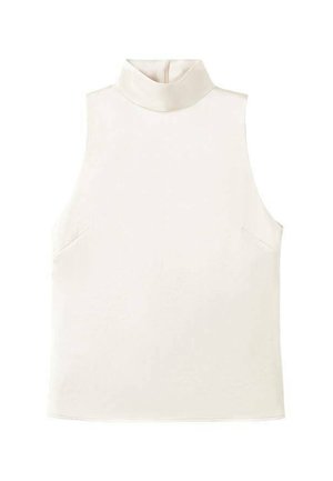 Sleeveless top in off-white with a high neck and side pockets. Smooth fabric, fitted design, and clean edges without embellishments.