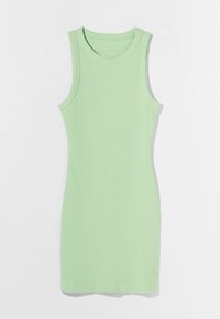 Robe débardeur en stretch côtelé de couleur vert clair. Présente un design sans manches et un col rond, une texture lisse, une silhouette ajustée, et une coupe longueur genoux.