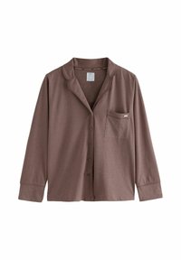 Brun knapp-up pyjamasjacka med krage, långa ärmar, bröstficka och mjukt tyg. Har en enkel, avslappnad design utan mönster.