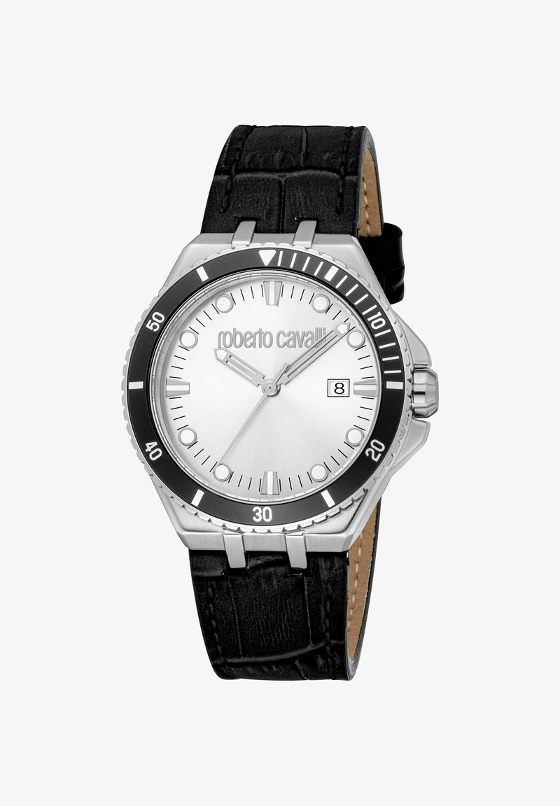 Sølv analog ur med en sort bezel og læderrem i krokodilleskind. Har en datovisning og et hus i rustfrit stål.