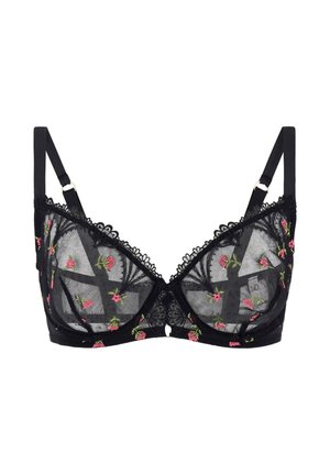Czarny przezroczysty biustonosz z kwiatowym haftem, koronkowym wykończeniem, regulowanymi ramiączkami i fiszbinowym wsparciem.