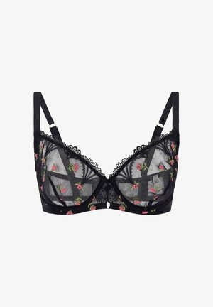 Czarny przezroczysty biustonosz z kwiatowym haftem, koronkowym wykończeniem, regulowanymi ramiączkami i fiszbinowym wsparciem.