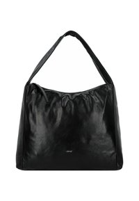 Borsa a spalla in pelle nera con una trama liscia e lucida, forma arrotondata e una sola tracolla. Presenta un delicato dettaglio con il logo sulla parte frontale.