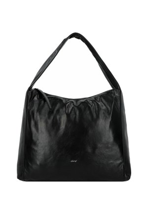 Sac à épaule en cuir noir avec une texture lisse et brillante, forme ronde et une seule sangle. Présente un détail de logo subtil sur le devant.