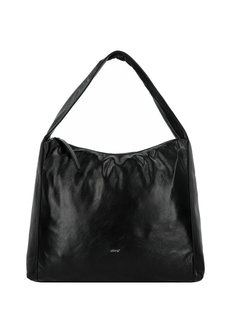 Zwarte leren schoudertas met een gladde, glanzende textuur, ronde vorm en een enkele schouderband. Bevat subtiele logodetails aan de voorkant.