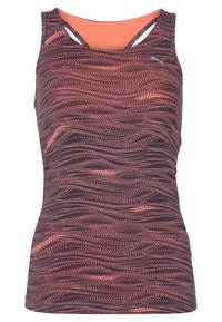 Urheilu tank top, polyesteriseos, tumma pohja korallinvärisellä aalto- ja pistekuviolla, kaareva pääntie ja ristikkäissä straps selässä.