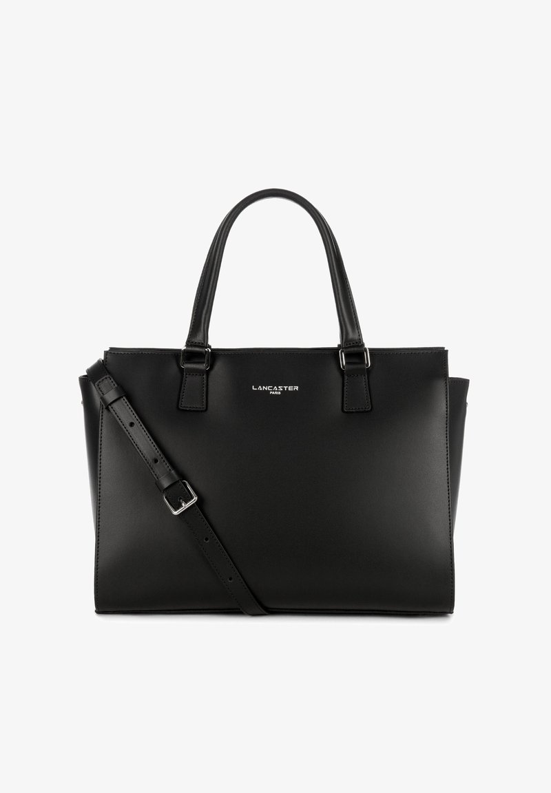 Sac à main en cuir noir Lancaster Paris avec double anse et une bandoulière réglable, design structuré rectangulaire.