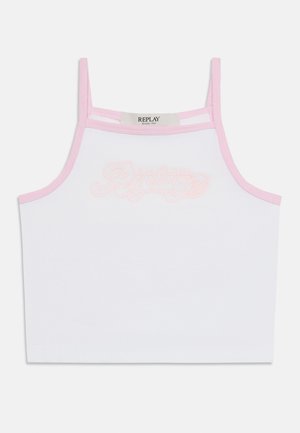 Hvid cropped tank top med lyserød kant og tynde stropper, med et diskret broderet Replay-logo på brystet.