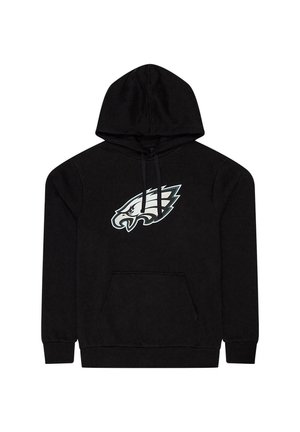 Schwarzer Pullover-Hoodie aus Baumwolle mit einer vorderen Kängurutasche. Mit einem weißen und türkisfarbenen Philadelphia Eagles-Logo auf der Brust.