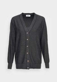 Mörkgrå cardigan med V-hals, långa ärmar och knäppning framtill. Har fem knappar, ribbade manschetter och nederkant. Mjuk, texturerad kvalitet.