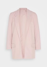 Lichtroze blazer met een reverskraag, open voorkant en twee voorzakken. Gemaakt van gladde stof, met lange mouwen en een getailleerde pasvorm.