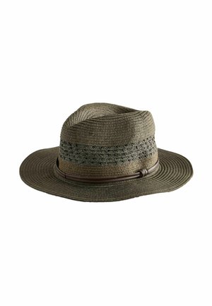 Khaki straw hat with a textured band and braided detailing around the crown, featuring a wide, flat brim. Gentle curves in the design.