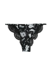 Schwarze Spitzen-Tanga mit weißen und grauen Blumenmustern, gewellten Spitzenrändern und Rüschenbesatz entlang des Bundes.