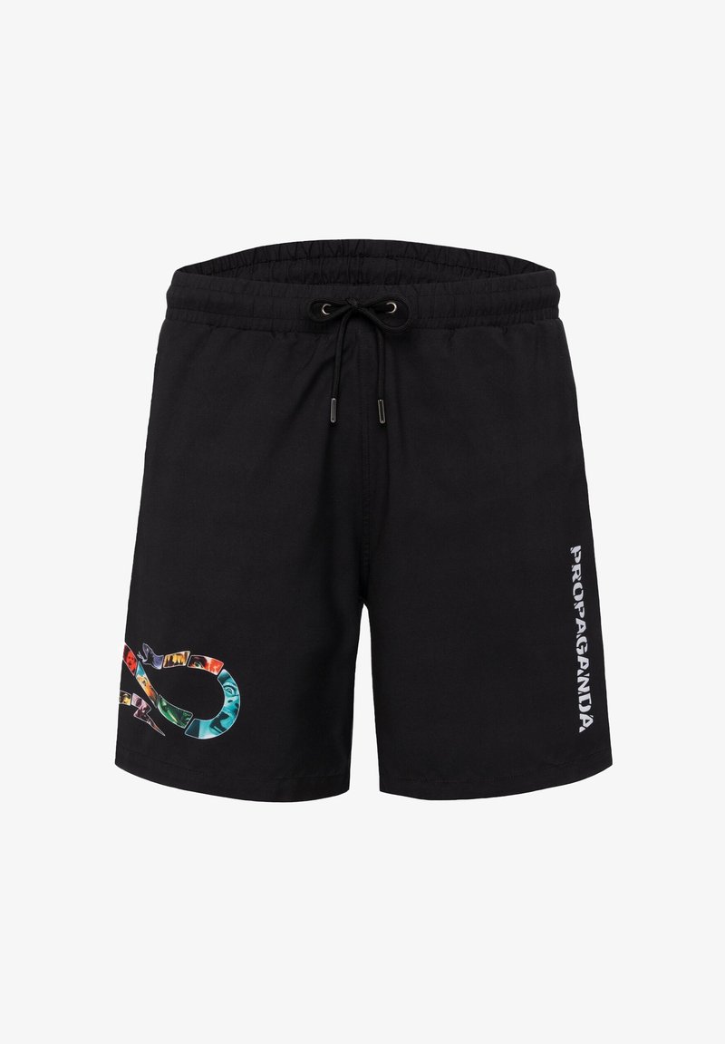 Pantaloncini neri con coulisse, con un design astratto colorato di serpente sulla gamba sinistra e la scritta bianca "PROPAGANDA" sulla gamba destra.