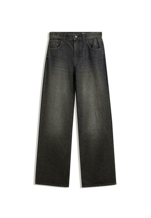 Wide-leg jeans in dark gray denim featuring a faded finish, five-pocket design, and a button closure at the waistband.