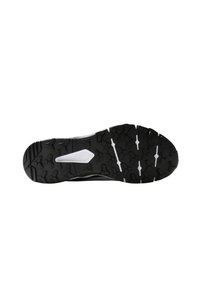 Semelle de chaussure noire avec un motif de bande de roulement robuste et des inserts blancs, conçue pour la traction et la durabilité.