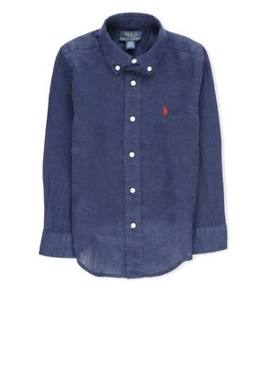 Granatowa koszula z długim rękawem, zapinana na guziki, z białymi guzikami i małym czerwonym logo Polo Ralph Lauren na piersi.