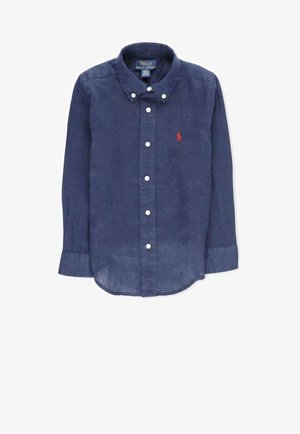 Granatowa koszula z długim rękawem, zapinana na guziki, z białymi guzikami i małym czerwonym logo Polo Ralph Lauren na piersi.