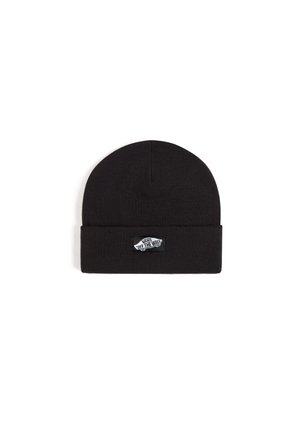 Schwarze Strickmütze mit umgeschlagenem Saum. Verfügt über ein gewebtes Logo-Patch in Weiß und Schwarz, das das Design "VANS OFF THE WALL" zeigt. Weiche Textur.