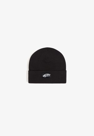 Schwarze Strickmütze mit umgeschlagenem Saum. Verfügt über ein gewebtes Logo-Patch in Weiß und Schwarz, das das Design "VANS OFF THE WALL" zeigt. Weiche Textur.