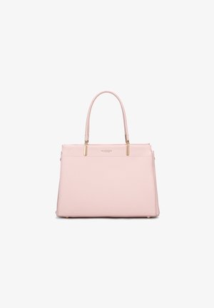 Sac à main en cuir texturé rose avec deux poignées supérieures, quincaillerie dorée et un design structuré. Caractéristiques d'un détail de logo à l'avant.