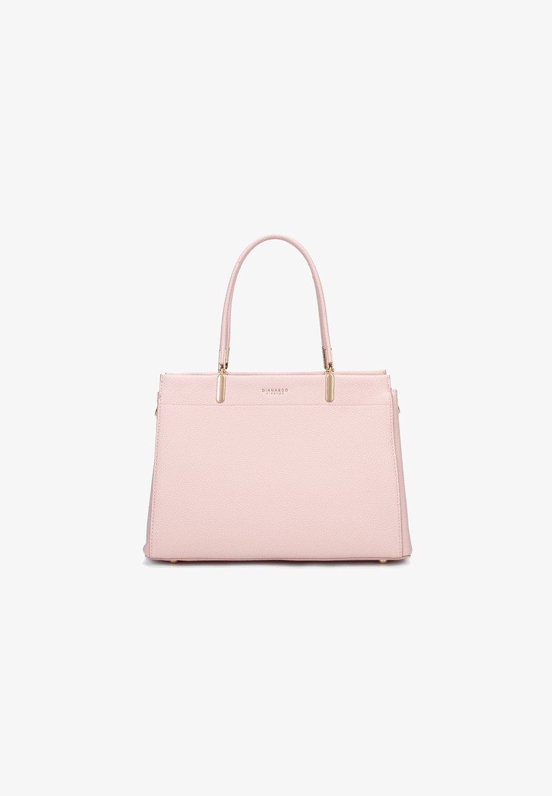 Sac à main en cuir texturé rose avec deux poignées supérieures, quincaillerie dorée et un design structuré. Caractéristiques d'un détail de logo à l'avant.