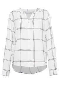 Vit långärmad skjorta med svart och grå rutmönster, v-ringning, framknäppning och en något rundad nederkant. Slät tygtextur.