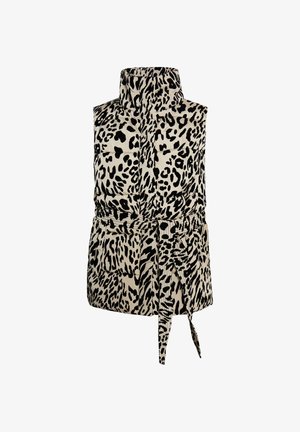 Padded vest with a high collar, featuring a beige background and black leopard print, cinched waist with a tie, and two front pockets.