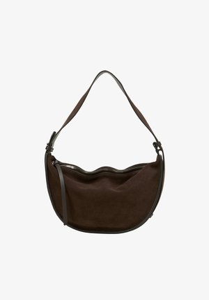 Braune Wildleder-Umhängetasche mit geschwungener Form, ausgestattet mit Reißverschluss und flachem, verstellbarem Träger für komfortables Tragen.