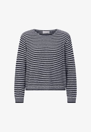 Tumesiniste ja valgete triipudega kootud pikkade varrukatega džemper ümarate kaelusega ja soonikkoes mansettidega.