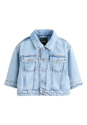 Svetlomodrá rifľová bunda so zapínaním na gombíky vpredu, dve náprsné vrecká s klopami a golierom, krátke rukávy, značka „NEXT“ vo vnútri goliera.