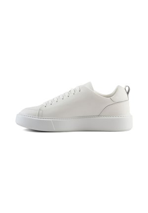 Baskets en cuir blanc avec un bout arrondi, semelle en caoutchouc blanc plate et design minimaliste ; dotées d'un petit tirant de talon gris et de six œillets.