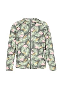 Giacca con cappuccio in tessuto leggero, con una base verde decorata da un motivo di fenicotteri rosa e foglie di palma verdi, chiusura frontale con zip e maniche lunghe.